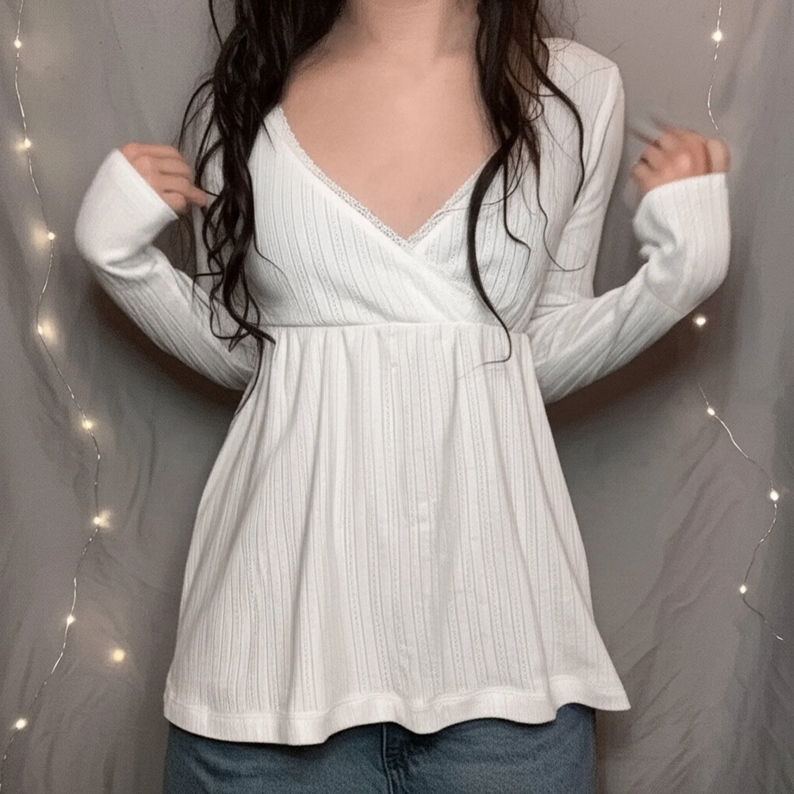 Women Y2k Vintage Long Sleeve Tops Babydoll Peplum Lace Trim Shirt Aesthetic Fairy Grunge Tunic Top Streewear