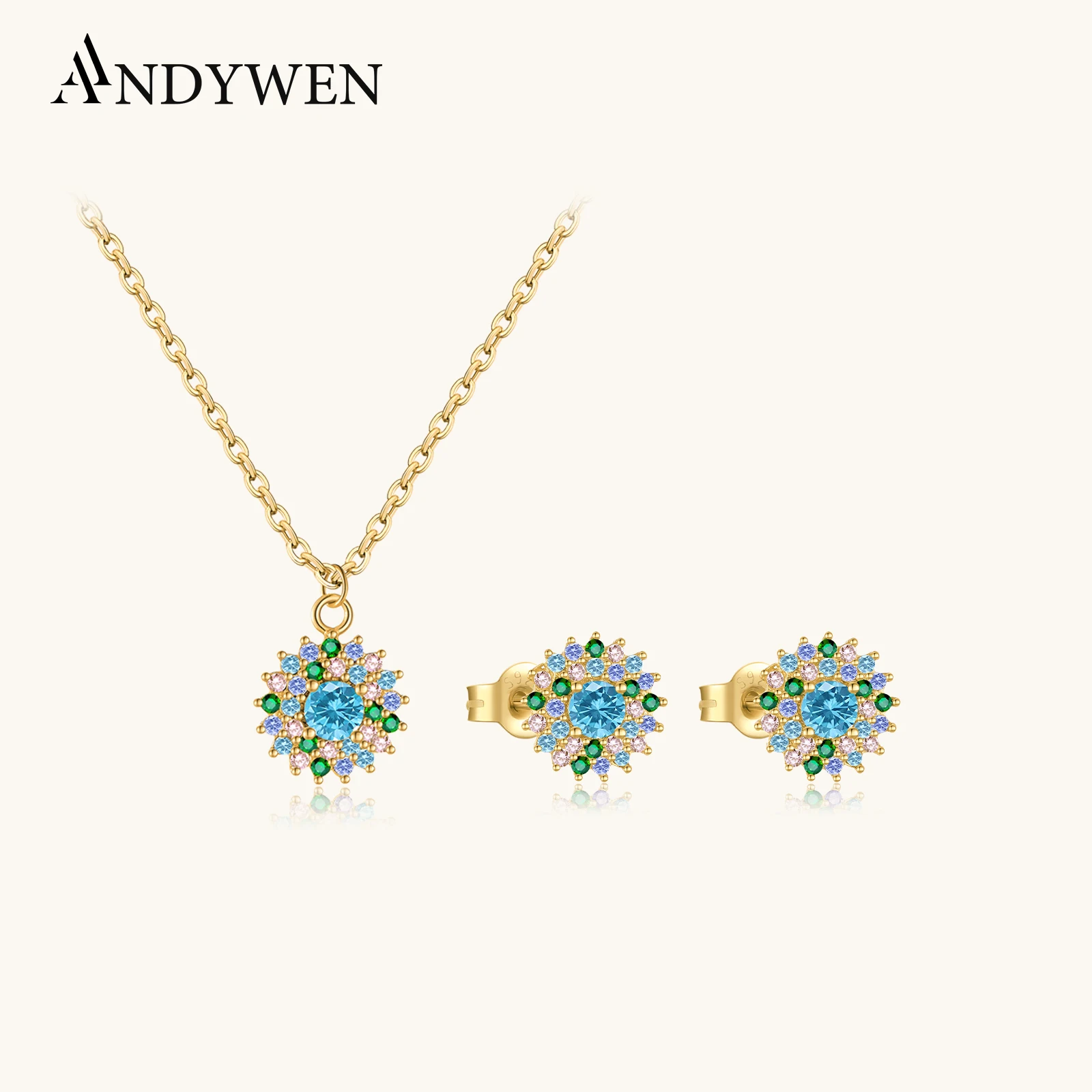 

ANDYWEN 925 Sterling Silver Sunflower Necklace Earrings Jewelry Set Multicolor Zircon Blue Wedding Anniversary Gift for Women
