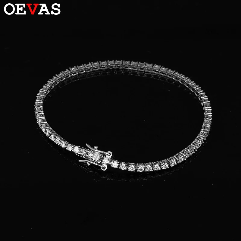 

OEVAS 2MM 0.03 Carat Real Moissanite Women Tennis Chain Bracelet Fine Jewelry 100% 925 Sterling Silver 18K White Gold Wedding