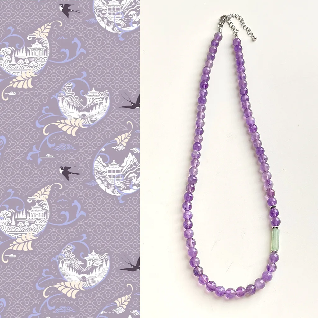 

Натуральный камень ручной работы, фиолетовый аметист, зеленый нефритовый бисер, короткая цепочка-колье, ожерелье, винтажные женские украшения