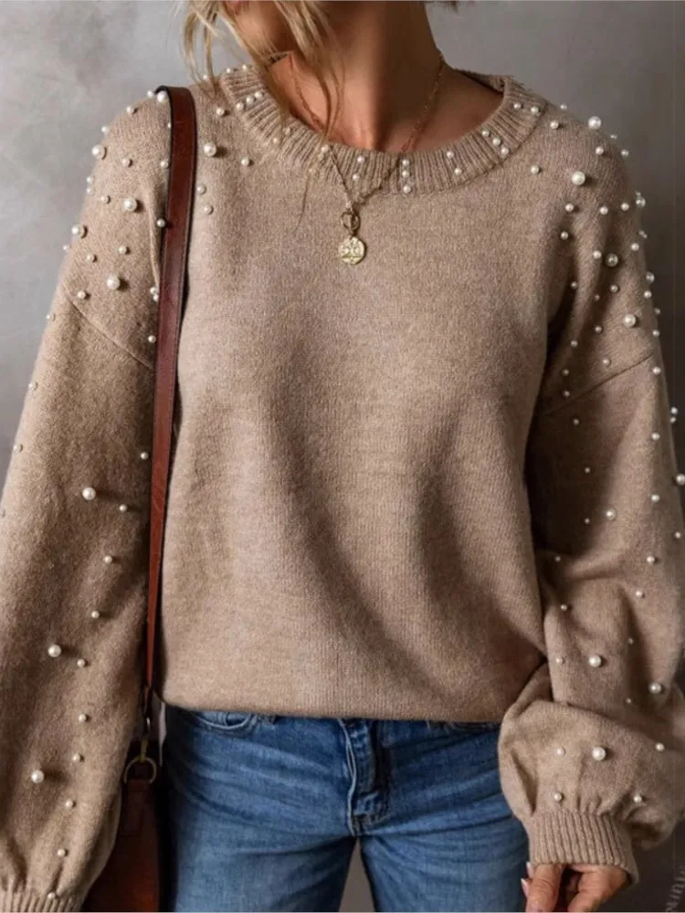 

Winter Clothes Woman Pulls Femmes Loose Long-sleeved Beaded Crew Neck Pullover All-match Simple Style Sweater Trendy Comfortable