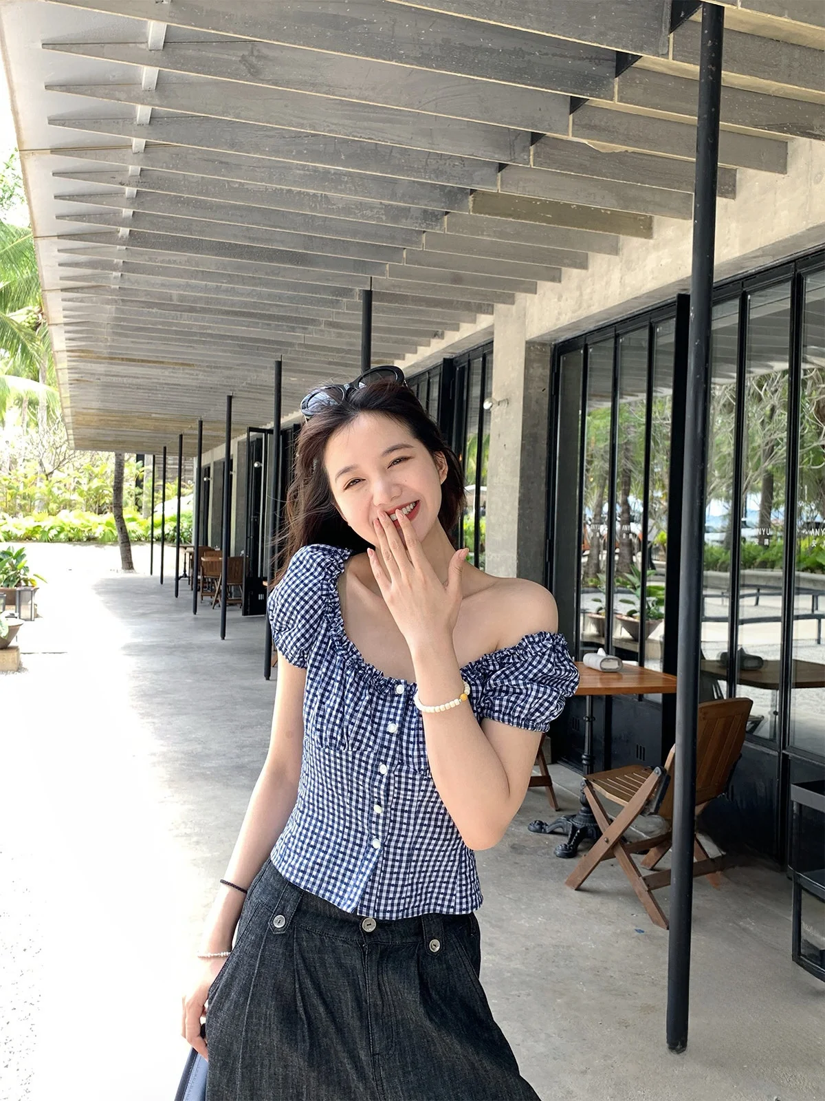 

Bell Design Two-Way Wear oulder Bells Top Texture Cotton Slim Fit ort irt Milksense Commute Sle Women's Summer irt