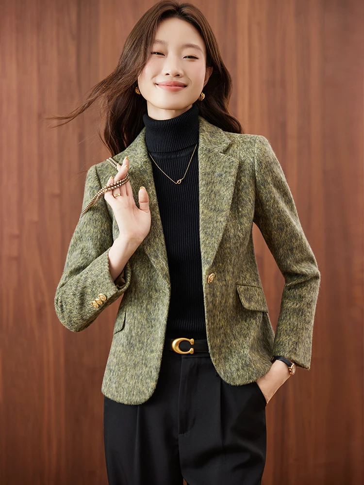 

Green Woolen Suit Jacket Women's Fashionable Miniature Lamb Wool Ladies' Western Clothes Autumn Winter High-End Sensation