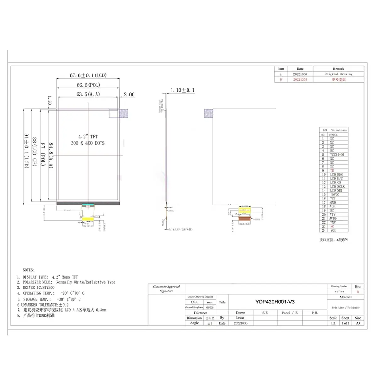 4.2 Inch Full-Reflection TFT Monochrome Display, ST7306 Driver IC, 24-Pin SPI Interface