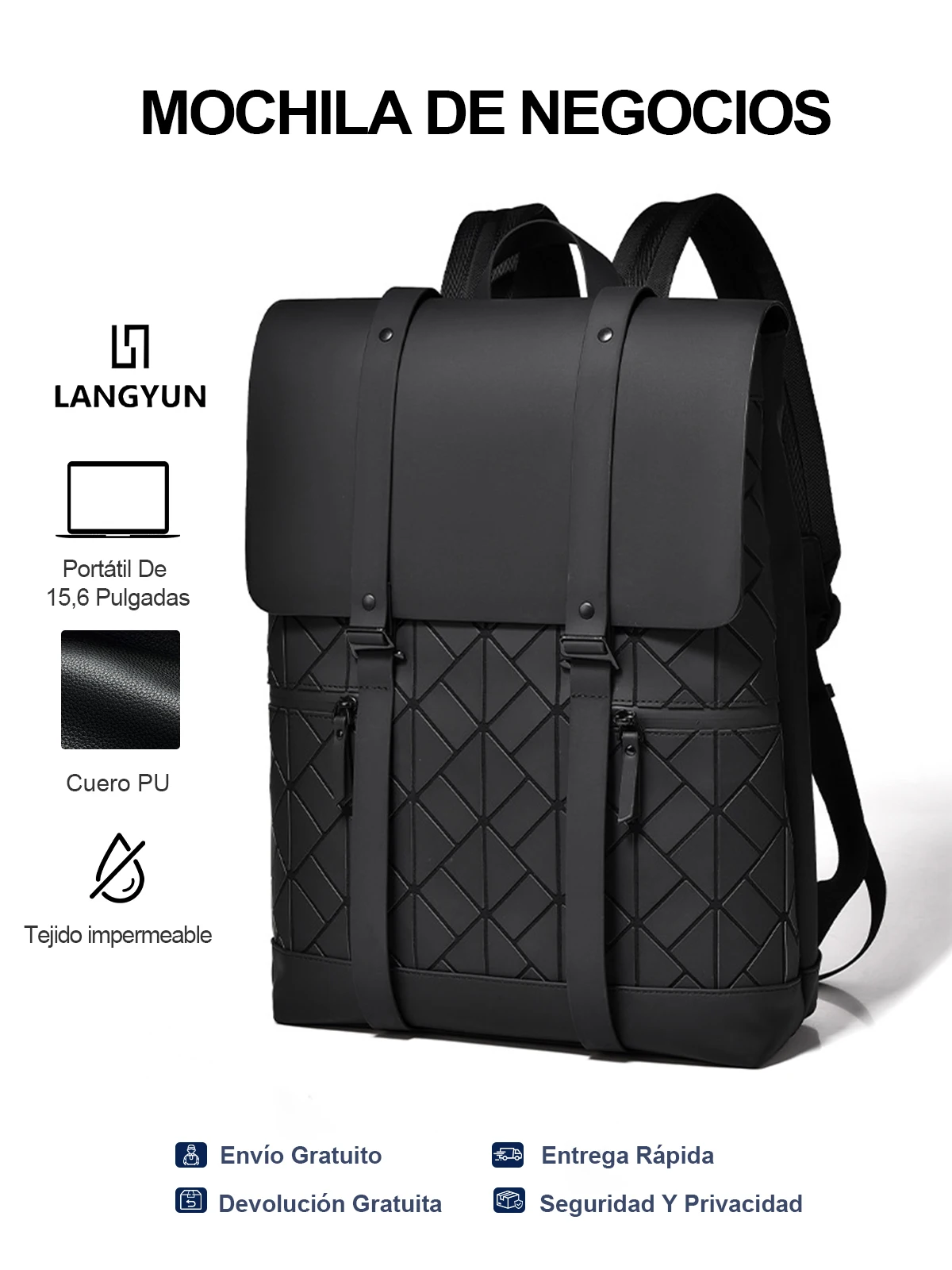 LANGYUN Mochila de Hombre de Cuero PU Impermeable de Alta Calidad, Bolsos para Portátil de 15.6 Pulgadas, Gran Capacidad, Multifuncional