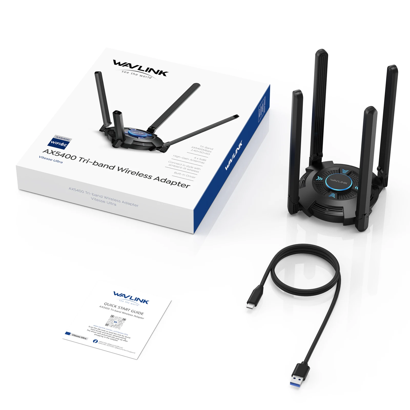 محول WAVLINK USB WiFi للكمبيوتر AX5400 ثلاثي الموجات 2.4/5/6 جيجا هرتز محول الشبكة اللاسلكية مع 4 هوائيات عالية الكسب 5dBi لسطح المكتب