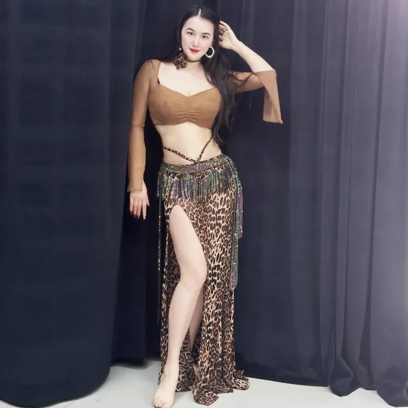 Customized Belly Dance Costumes Set Performance Dress Sexy Temperament Practice Dress Leopard Pattern Tassel Belly Dancewear