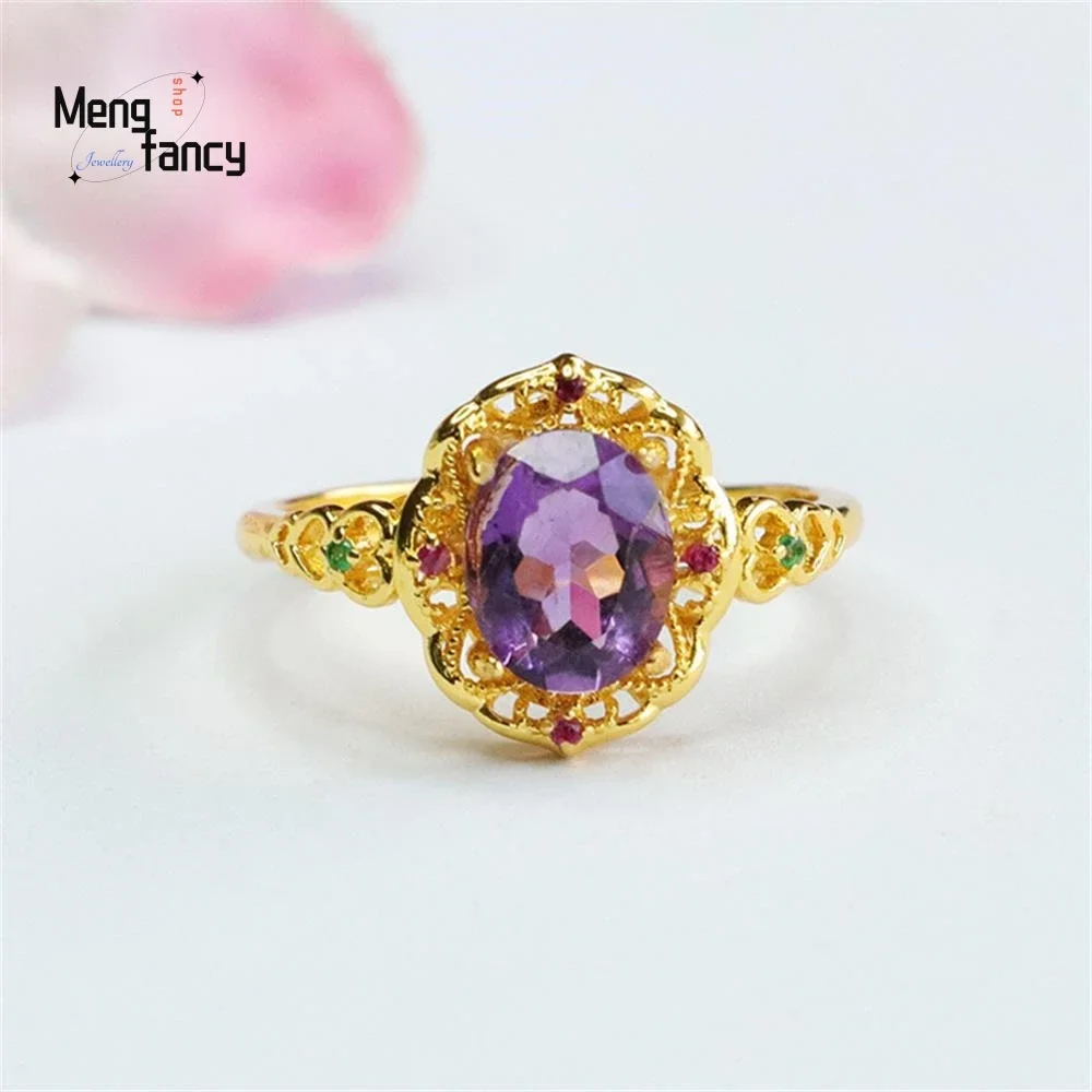 Natural Amethyst Simple Exquisite Ring Coloured Gemstone High-grade Elegant Luxury Fashion Jewellery Couple Promise Holiday Gift