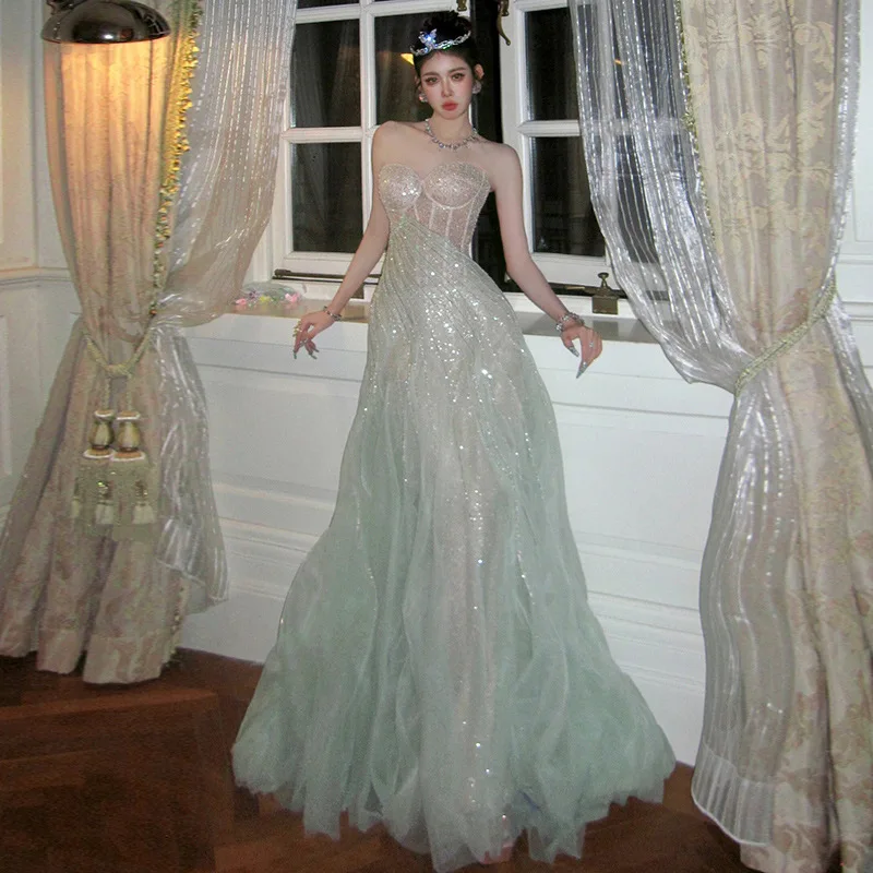 PJN NEW Luxury Strapless Mermaid Evening Party Dresses Women Forest Style Engagement Dress Formal Long Cocktail Banquet Dress