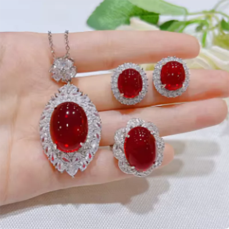 

New Luxury Pigeon Ruby Jewelry Women Red Stone Pendant Necklaces Earrings RingsSets