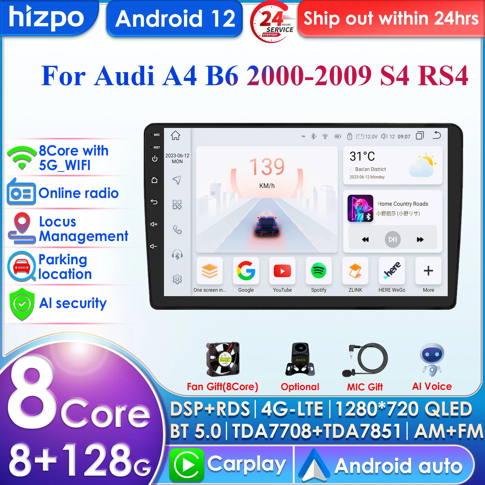 

Hizpo 4G 9'' AI Intelligent Systems CarPlay Android Auto Radio for Audi A4 2000 - 2009 S4 B6 B7 RS4 Seat Exeo Car Multimedia GPS