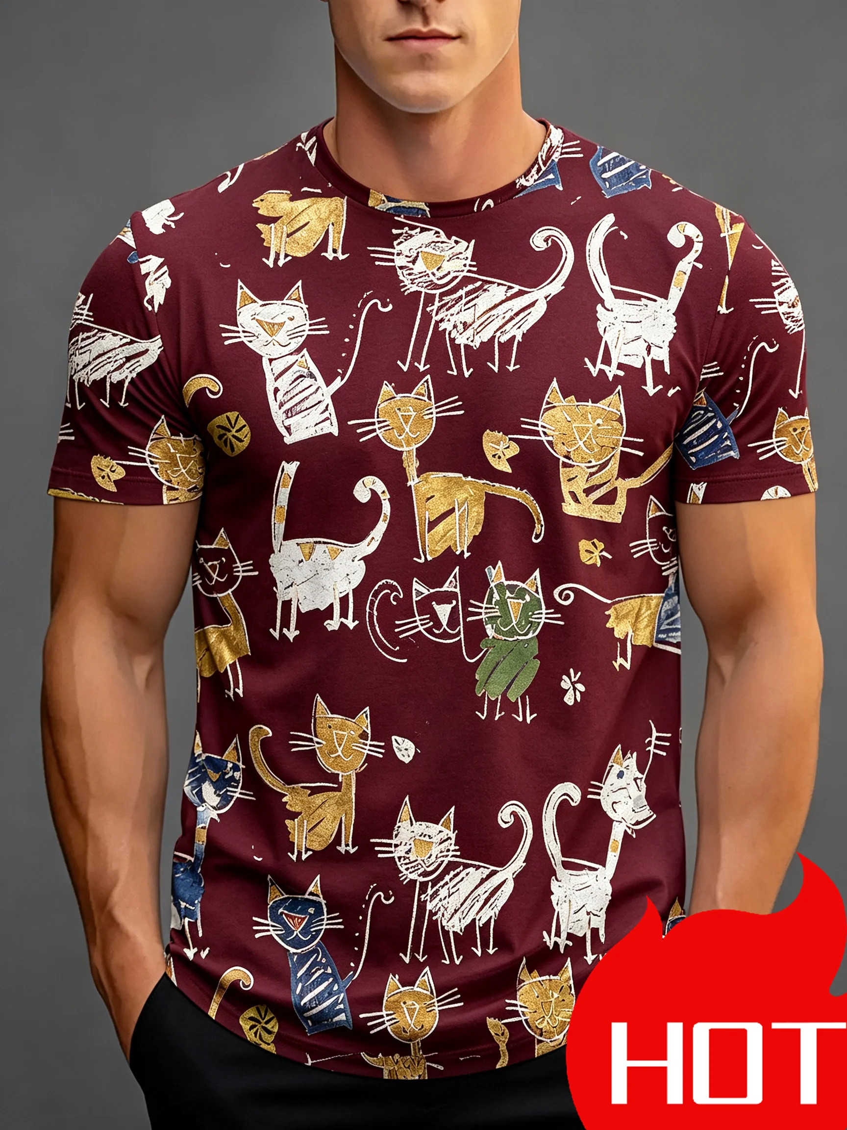 Men Doodle Cats All Over Print T-Shirt Cute Cartoon Animal O-Neck Short Sleeve Casual Tee Summer Hot Selling Fashionable Top