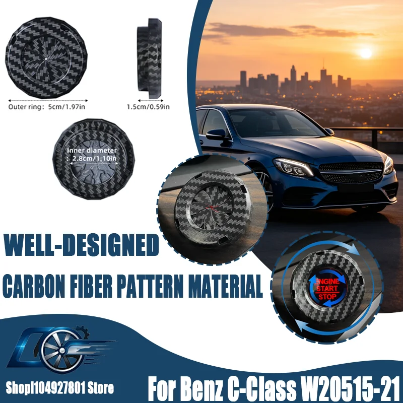 For Benz W205 15-21, Carbon Fiber Start Button Cover Ring – Knob-Type Ignition Trim, Sporty Look, Easy Install.