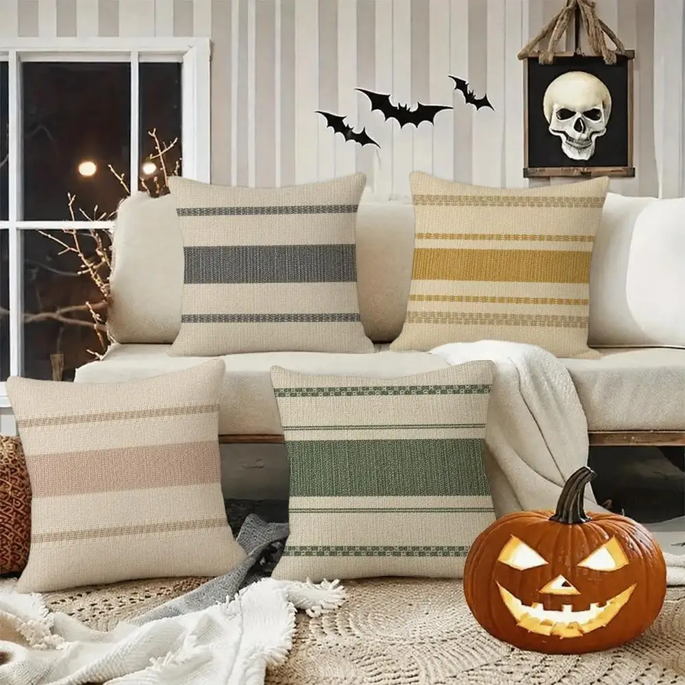Natural Stripe Texture Art Cushion Cover Halloween decoration trick or treat cushion cover, ghost, pumpkin head, bat decoration