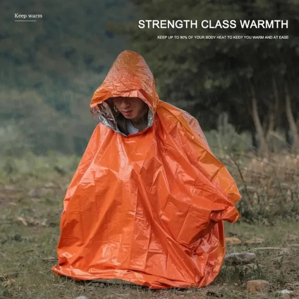 Poncho imperméable d'urgence, film d'aluminium PE, couverture de coulée épaissie, camping, pêche, équipement de survie, outil d'extérieur