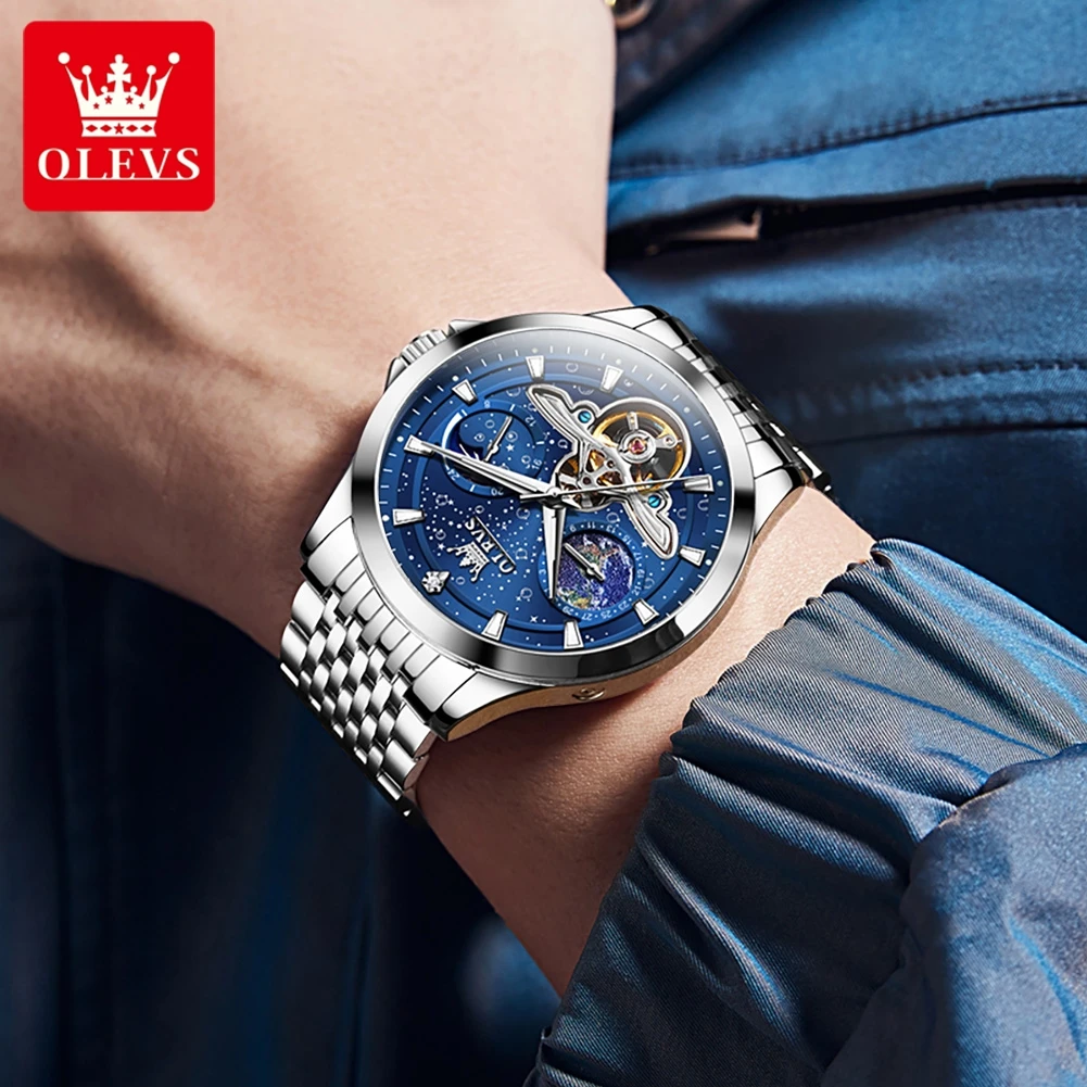 OLEVS 6705 Original Mechanical Watch For Men Hollow Flywheel Starry Sky Man Hand Clock 43mm Big Dial Waterproof Calendar Watches