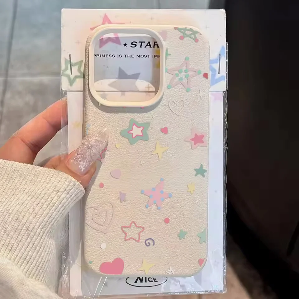 Korean Colorful Stars Painted PU Leather Phone Case For Samsung S25Ultra S24 S23 A34 A35 A54 A55 A56 A15 A16 A17 A07 A06 A26 A36