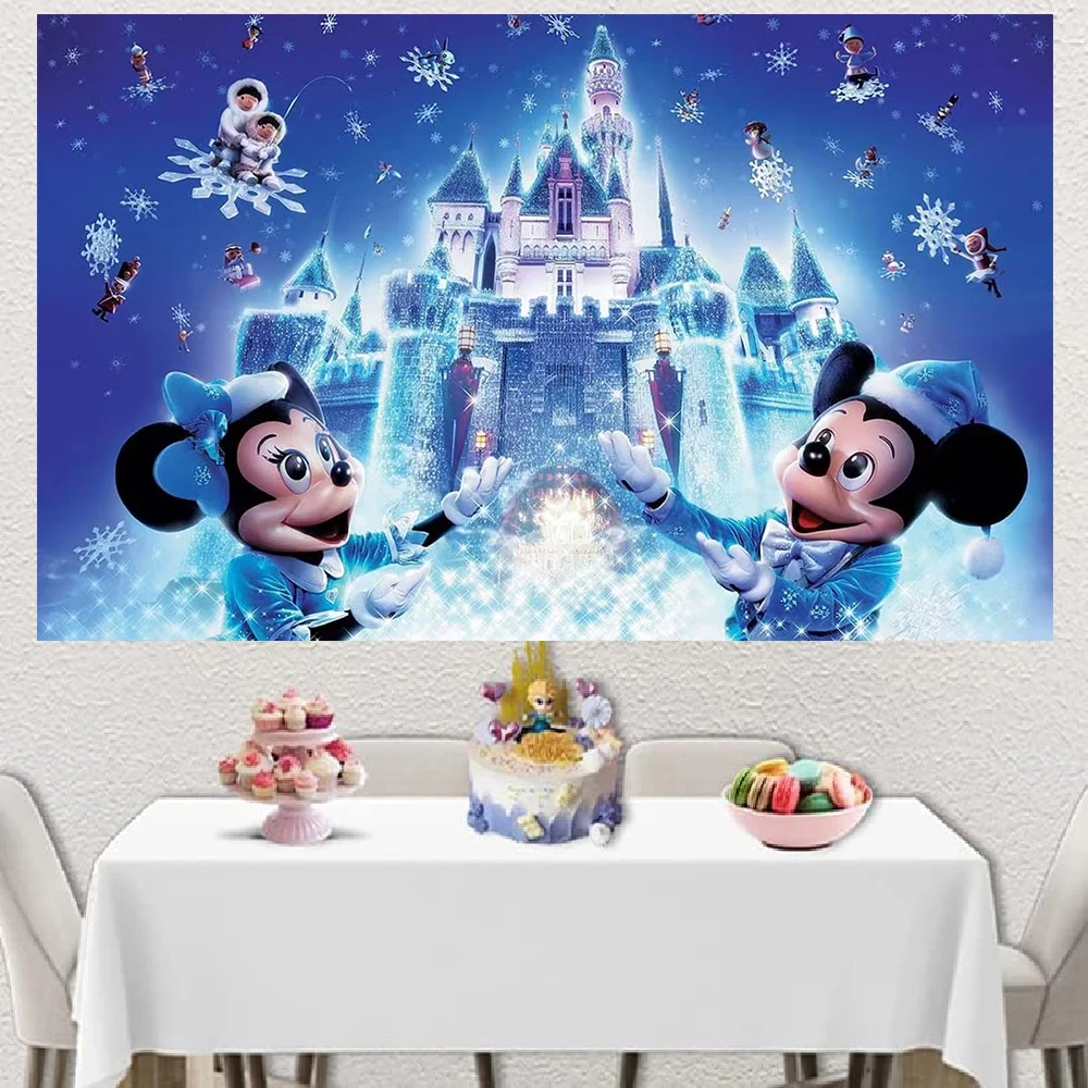 Merry Christmas Happy Year Mickey Minnie Theme Boy and Girl Birthday Ice Castle Photography Backdrop Baby Shower Banner Props