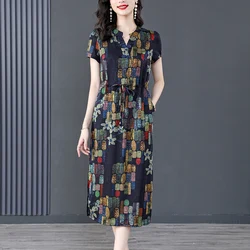 Sexy V-Neck Bohemian Silk Short Sleeve Cheongsam Dress Elegant Print Retro Women's Fashion Lace Up Slim Party Long Dress