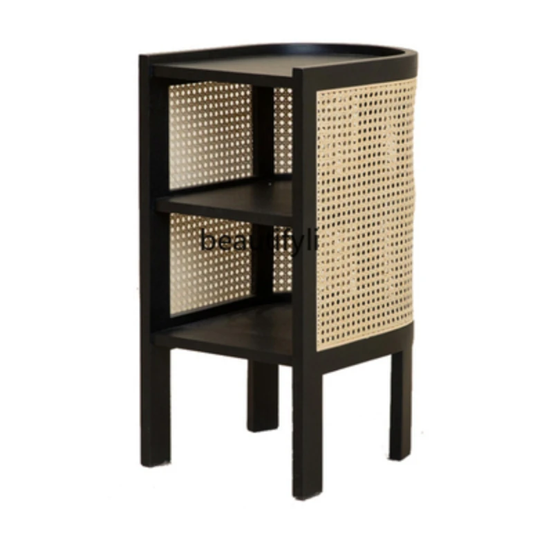 

zqBedside Table Narrow Nordic Solid Wood Rattan Bedroom Side Cabinet Simple Bed & Breakfast Locker Japanese Style Storage