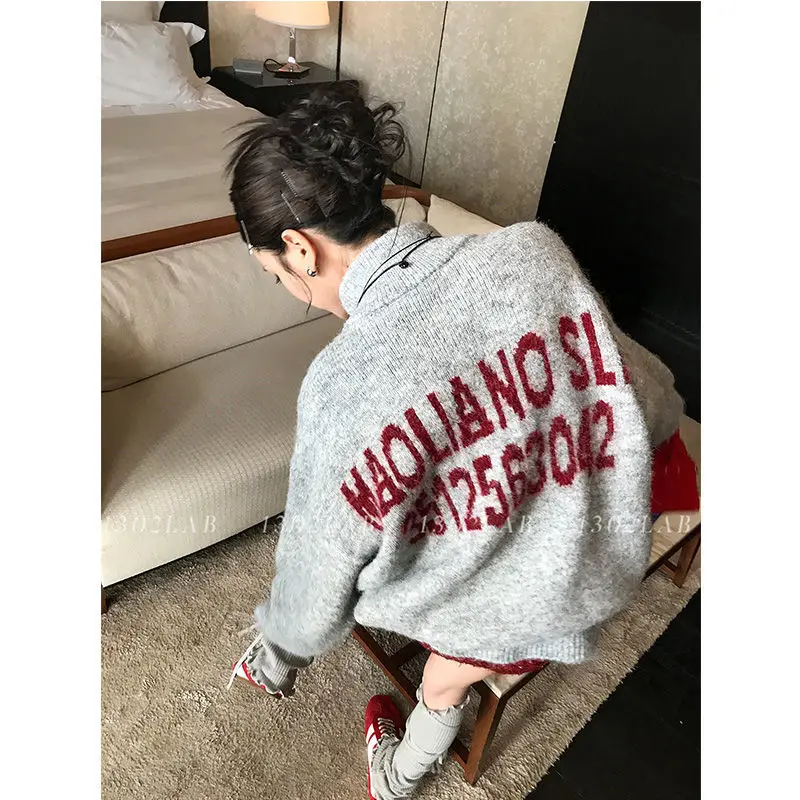 Grey Letter Drawstring Pullover Sweater Jumper Sueters De Mujer Winter Clothes Women Knit Tops Grunge Subcultural American