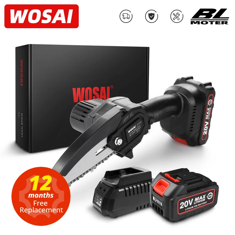 WOSAI-sierra de cadena sin escobillas portátil, herramienta de corte de carpintería, serie MT, 20V, 6 pulgadas