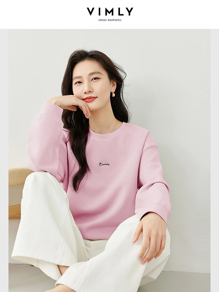VIMLY Frauen Sweatshirts 2025, Herbst Neue Oansatz Brief Stickerei Langarm Tops Frau Casual Pullover Weibliche Kleidung M6556