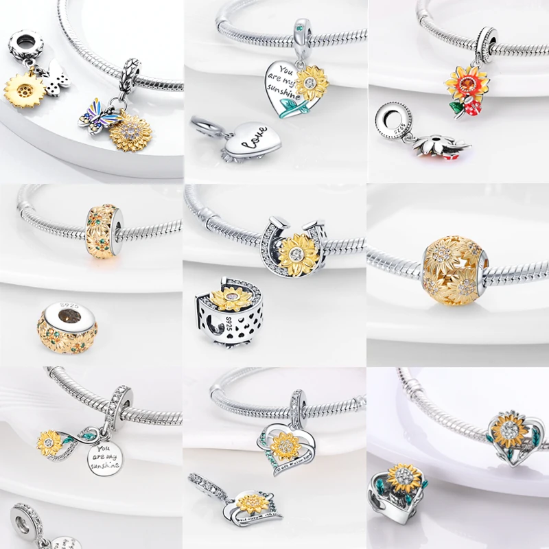 Charms Fit Pandora Original Bracelet 925 Sterling Silver Sunflower Butterfly Flower Heart Charms Beads Fine DIY Jewelry Making