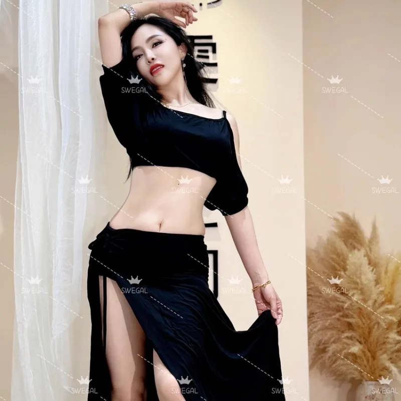 맞춤형 스웨갈 벨리댄스 연습복 동양 무용 의상 블랙 모달 배트 슬리브 탑과 드로스트링 롱 스커트