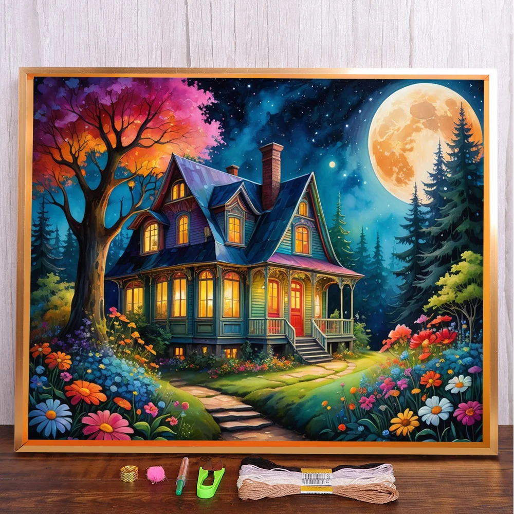 Landscape Moon Night House Cross Stitch DIY Embroidery Kit Needlework Painting Sewing Knitting For Adults Home Decor Different