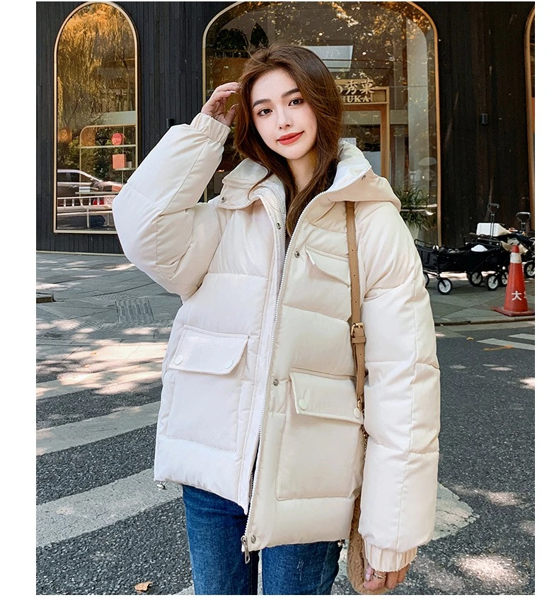 Abrigo de algodón para mujer, Parkas acolchadas, chaqueta con capucha, abrigo grueso cálido a prueba de viento para invierno, abrigo con cremallera y botones cubiertos, ropa de calle