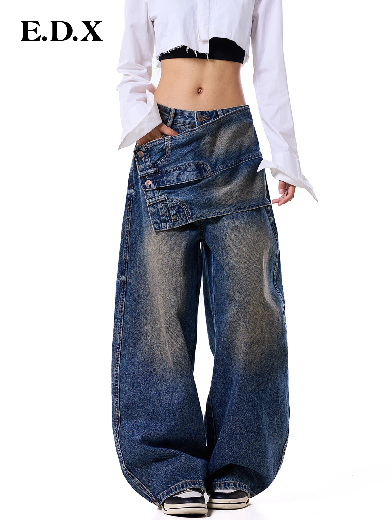 Retro Washed Wide Leg Denim Jeans EDX Fake Two-Piece Deconstructed Patchwork Knife  Loose Blue Cotton Autumn Winter New S...