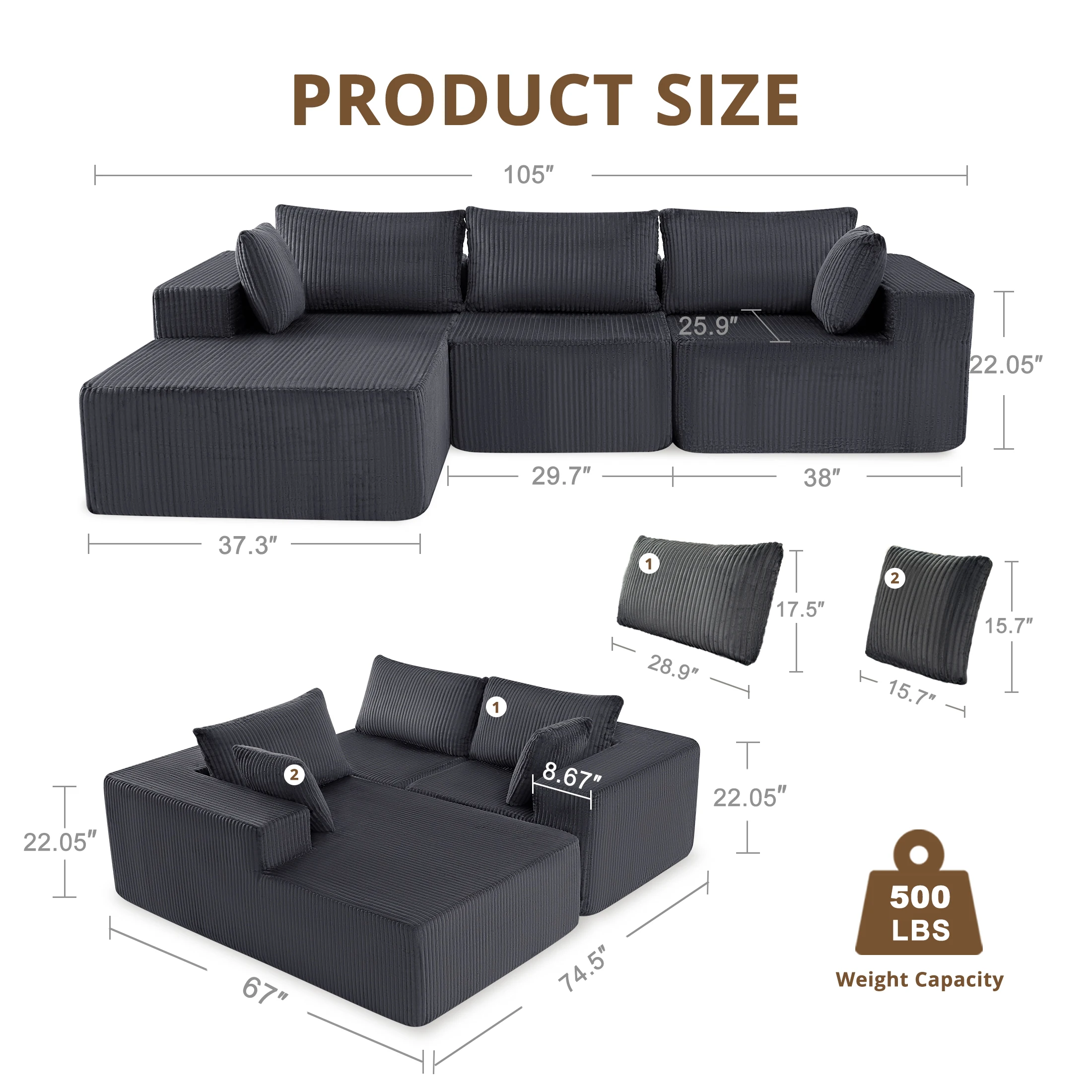 JHK 105 Inch L-Shaped Lumbar Support Sofa  Left Facing Recliner Chair with Deep Seat for Living Room No Assembly in a Box For Home
