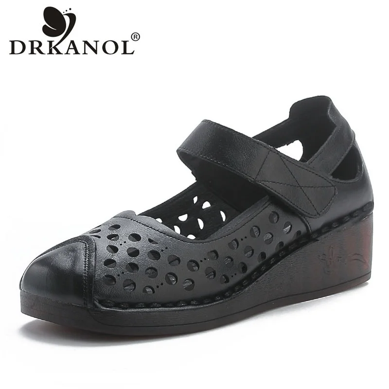 DRKANOL Handmade Retro Style Summer Shoes Women Hollow Out Breathable Genuine Leather Wedges Heel Shoes Hook And Loop Sandals