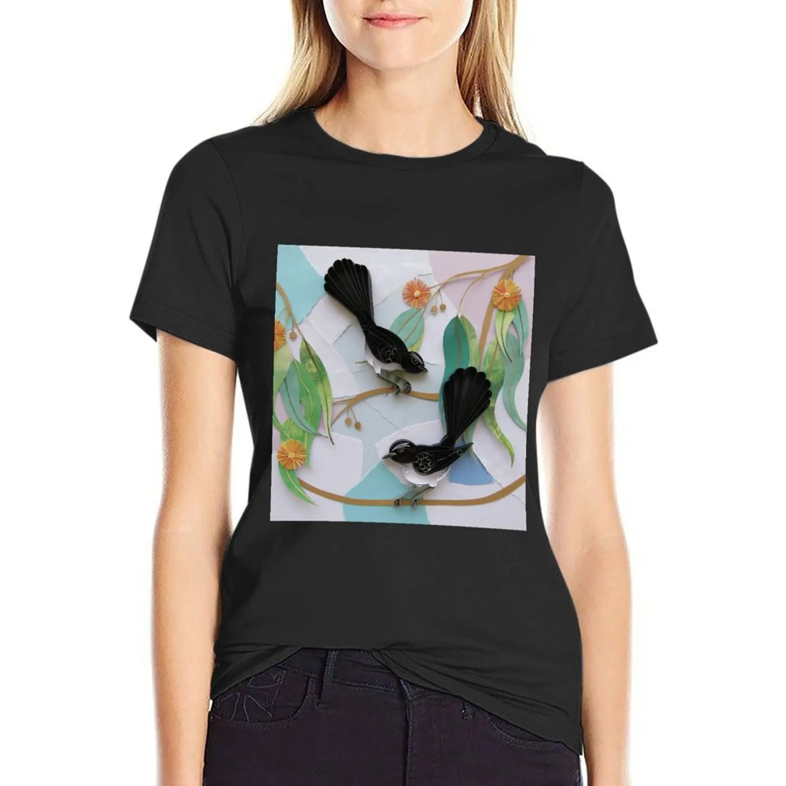 Austalian Willie Wagtails with Orange Gum Blossoms T-Shirt korean fashion cat shirts for Women