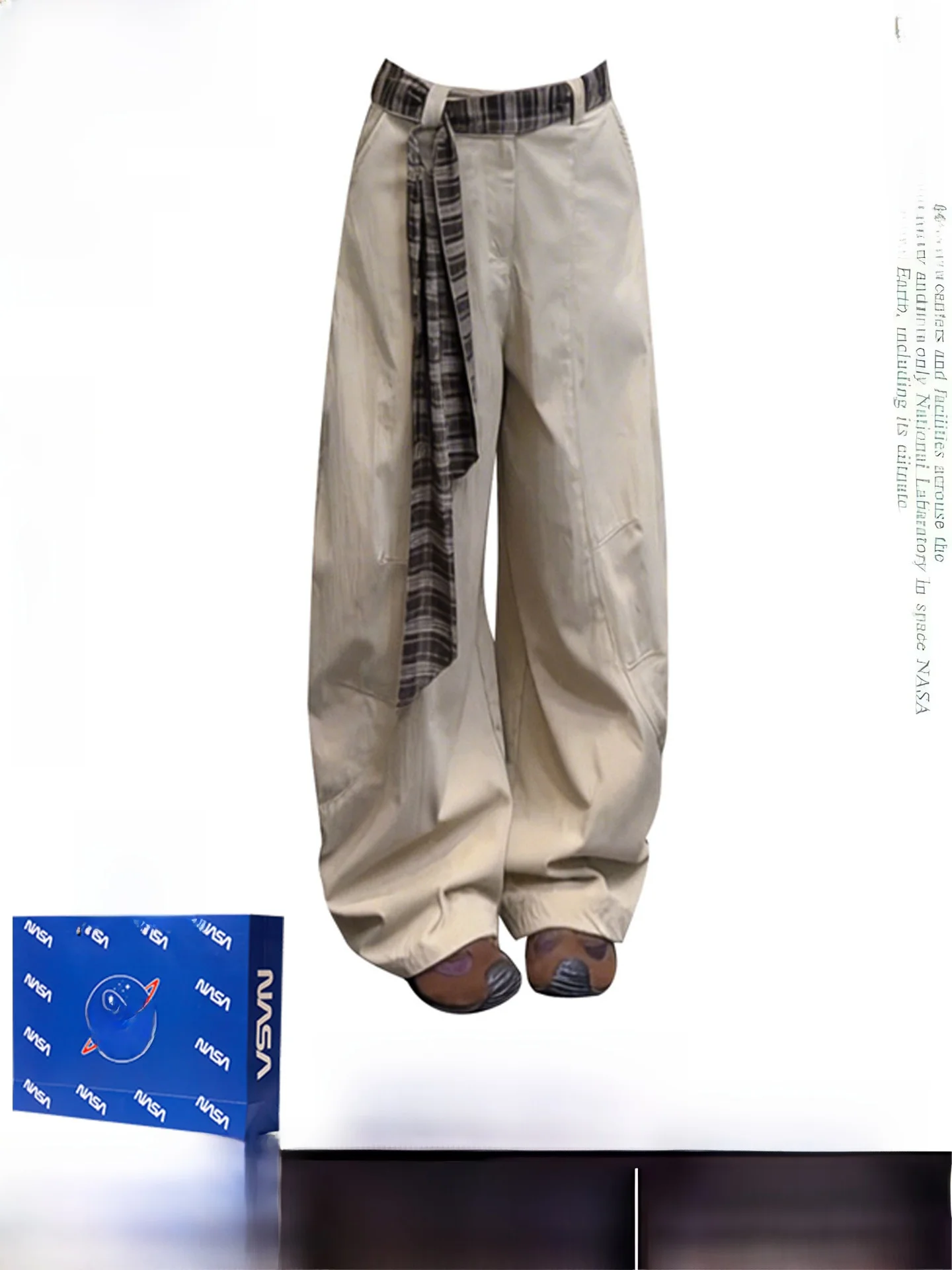 

American High Street Plaid Belted Casual Pants Women Spring Vintage Khaki Loose Feel Blade Dragging Trousers Wide Leg Pants