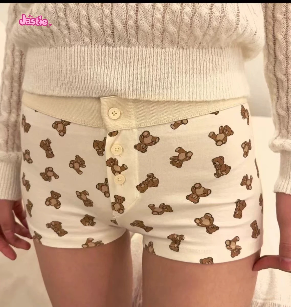 Little Bears Print Shorts Women Buttons Patchwork Elastic Waist Casual Straight Short Pants Summer Cute Cotton Home Underwear