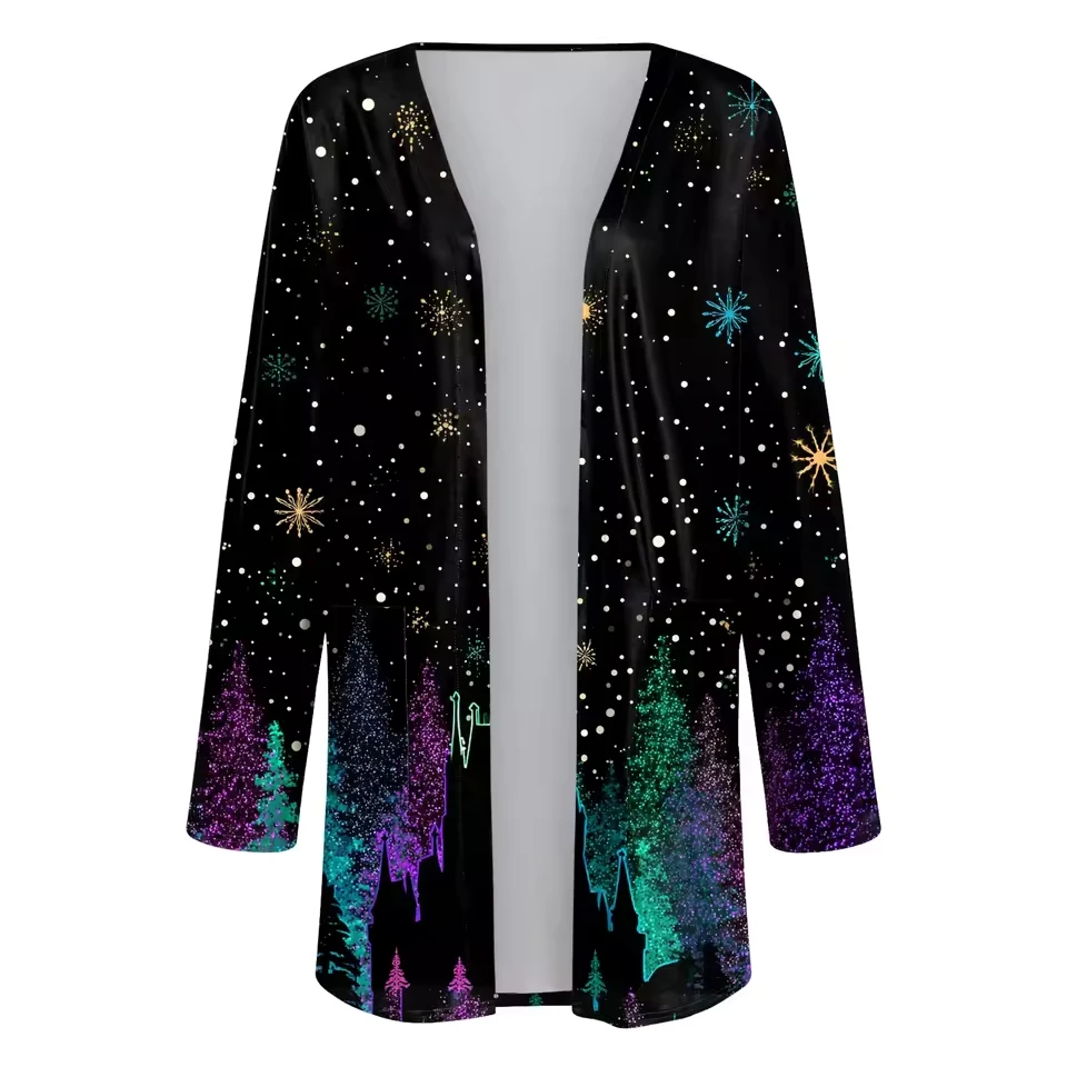 Women Christmas Print Pocket Cardigan Long Sleeve Midi Length Casual Cardigan Casual Loose
