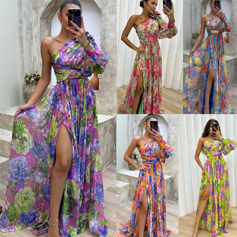 

New Casual Slit Dress With Loose Multi-color Printed Slanted Shoulder Three-Dimensional Waist Collection Dress For women's