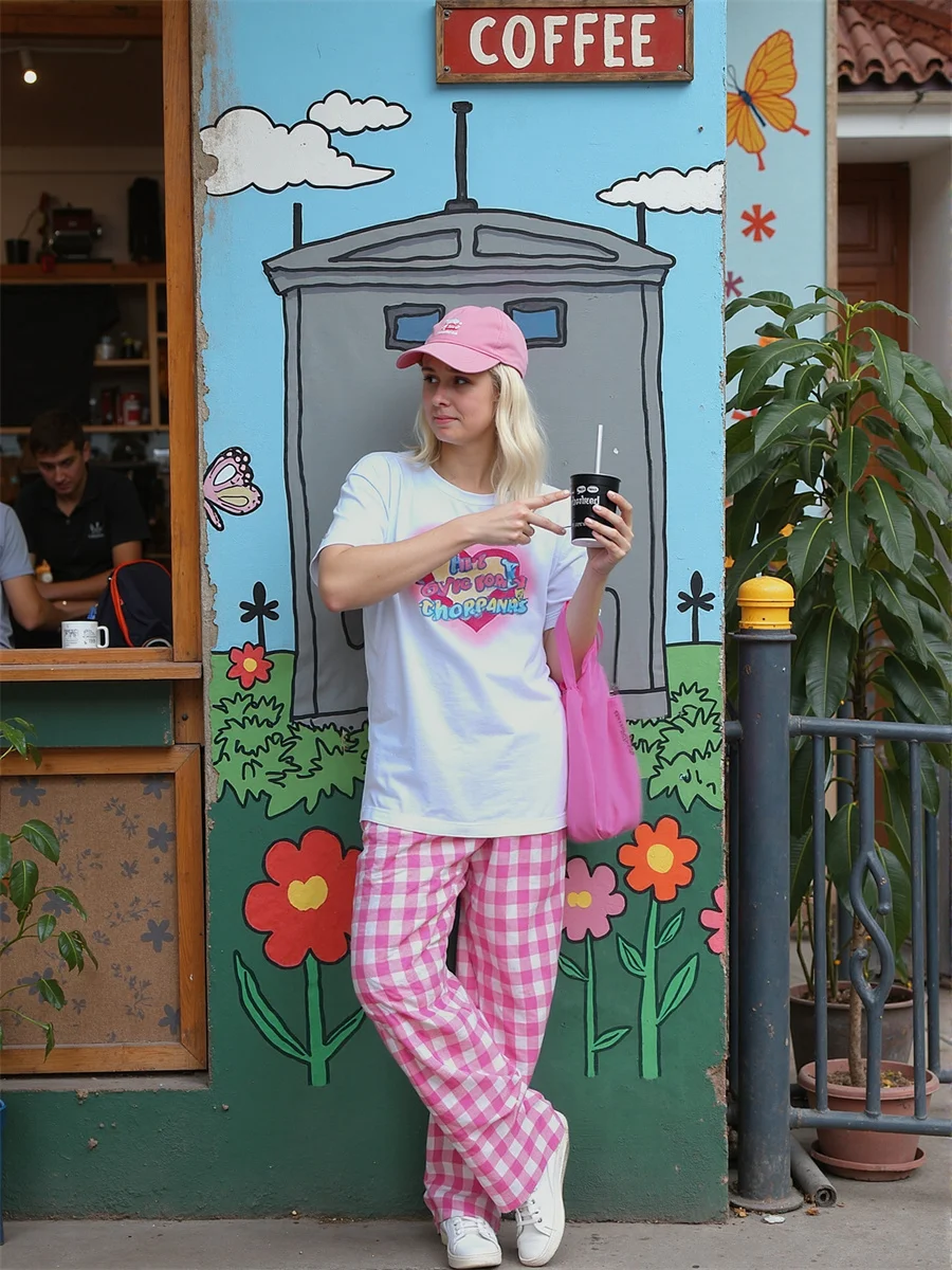 سروال نسائي كبير الحجم أزرق وردي منقوش مدبب الساق صورة ظلية تصميم نحيف من خلال الكاحل مريح الفخذ مريح حديث #1