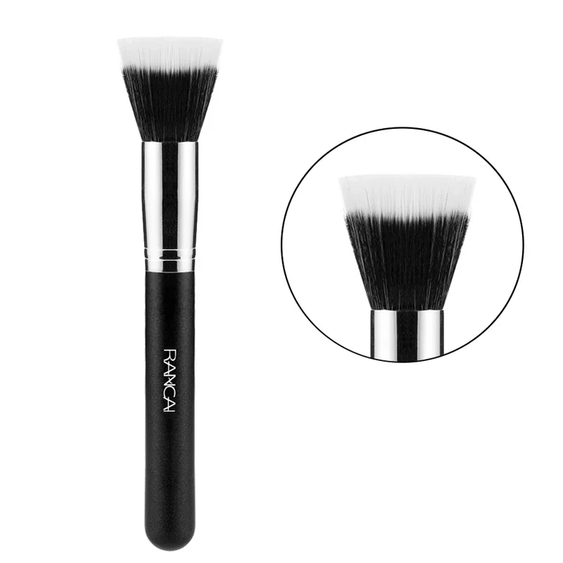 Professional Flattop Blush Brush Loose Powder Brush Black Duo Fiber Stippling Brush Contour Sculpting Cosmetic Makeup Tools