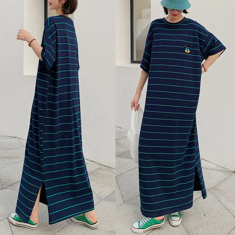 2023 Women\'s Clothing Loose Summer Thin Casual Fashion Trend Streetwear O-neck Short Sleeve Pullovers Striped Oversized Dresses