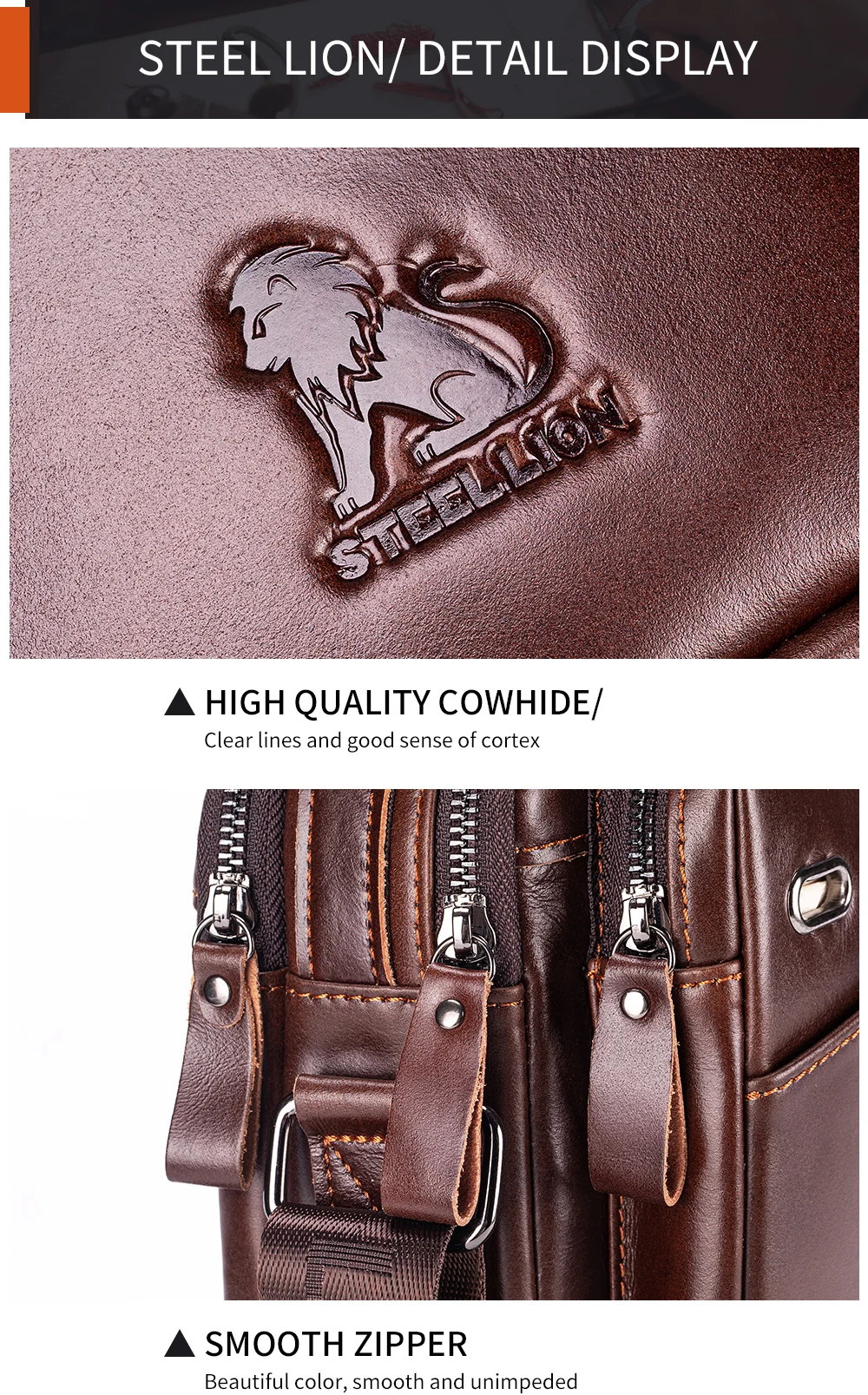Old Lion Herren-Umhängetasche, Umhängetasche aus Leder mit Hauptschicht, handgehaltene Business-Hängetasche aus echtem Leder – Detail 12
