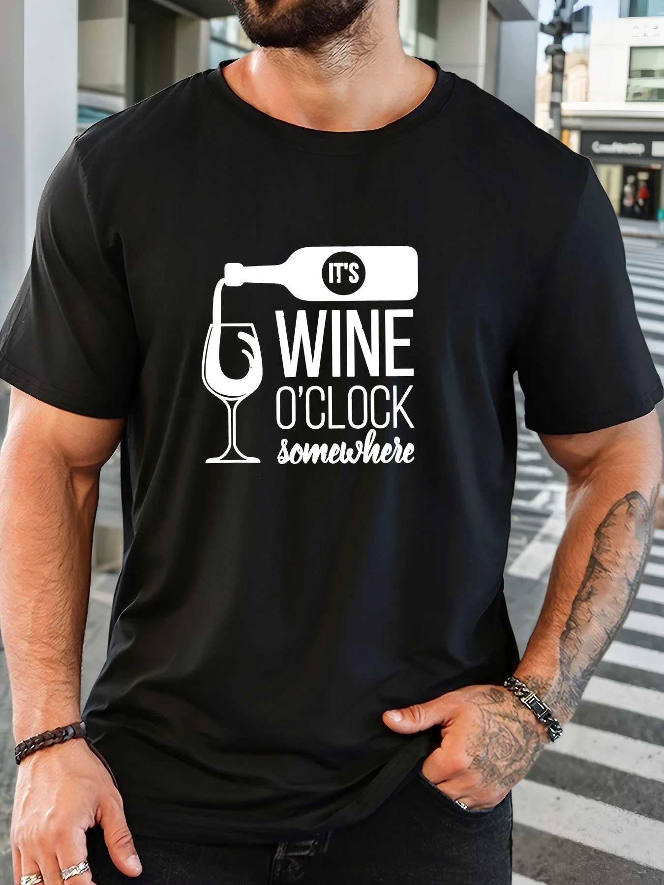 

Men's IT'S WINE O'CLOCK Somewhere Pattern Summer Casual Crew Neck Short T-Shirt