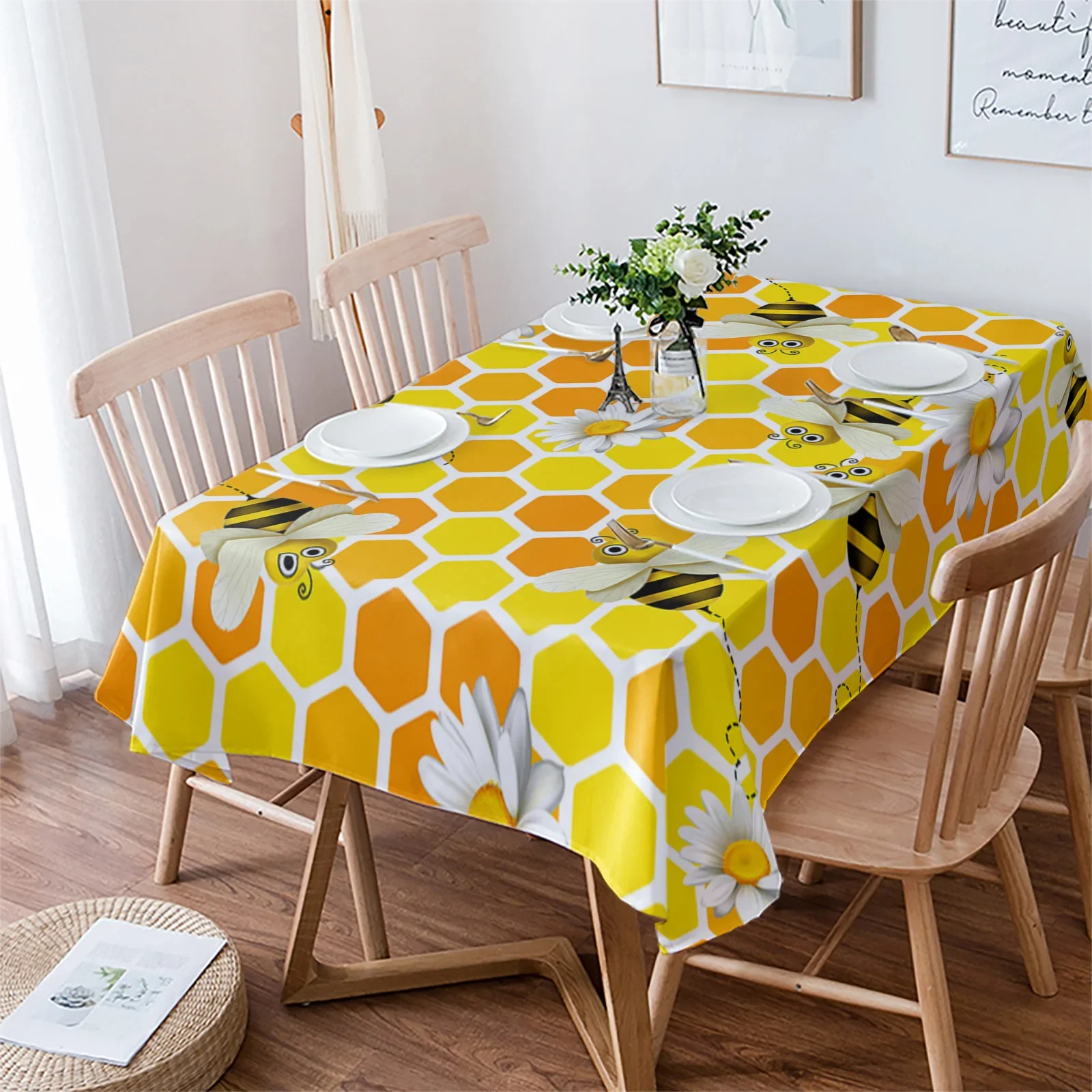 Imagem -05 - Spring Bee Daisy Honeycomb Textura Retangular Toalha de Mesa Dustproof Picnic Pano Decoração para Casa Cozinha Impermeável Tampa de Mesa