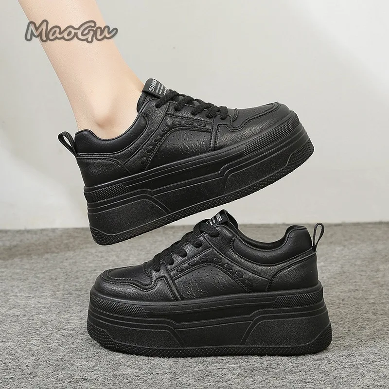 Height Increasing Platform White Sneakers Female Lace-Up Chunky Sole Casual Shoes Breathable Leather Wedge Zapatos Mujer Size 40