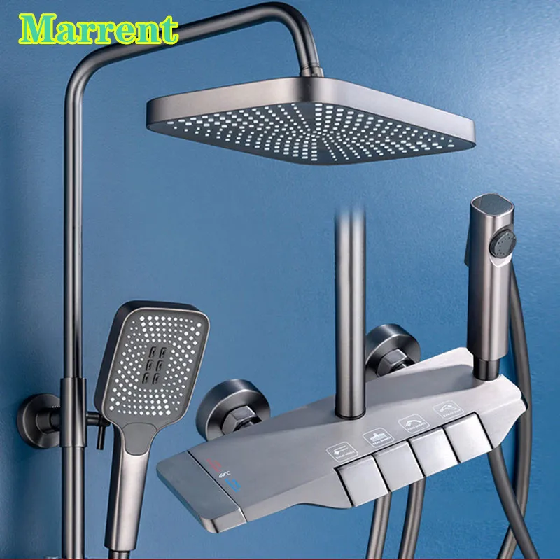 Luxury Brass Thermostatic Shower System with Piano Key Design and Four Ways Bath Faucet Mixer 12 Inches Shower Head