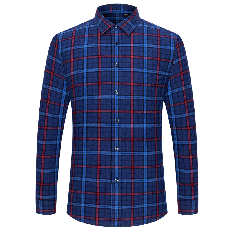 Men Fashion Brushed Flannel Plaid 100% Pure Cotton Long Sleeve Shirts Single Patch Pocket Comfortable Standard-fit Shirt S-6XL