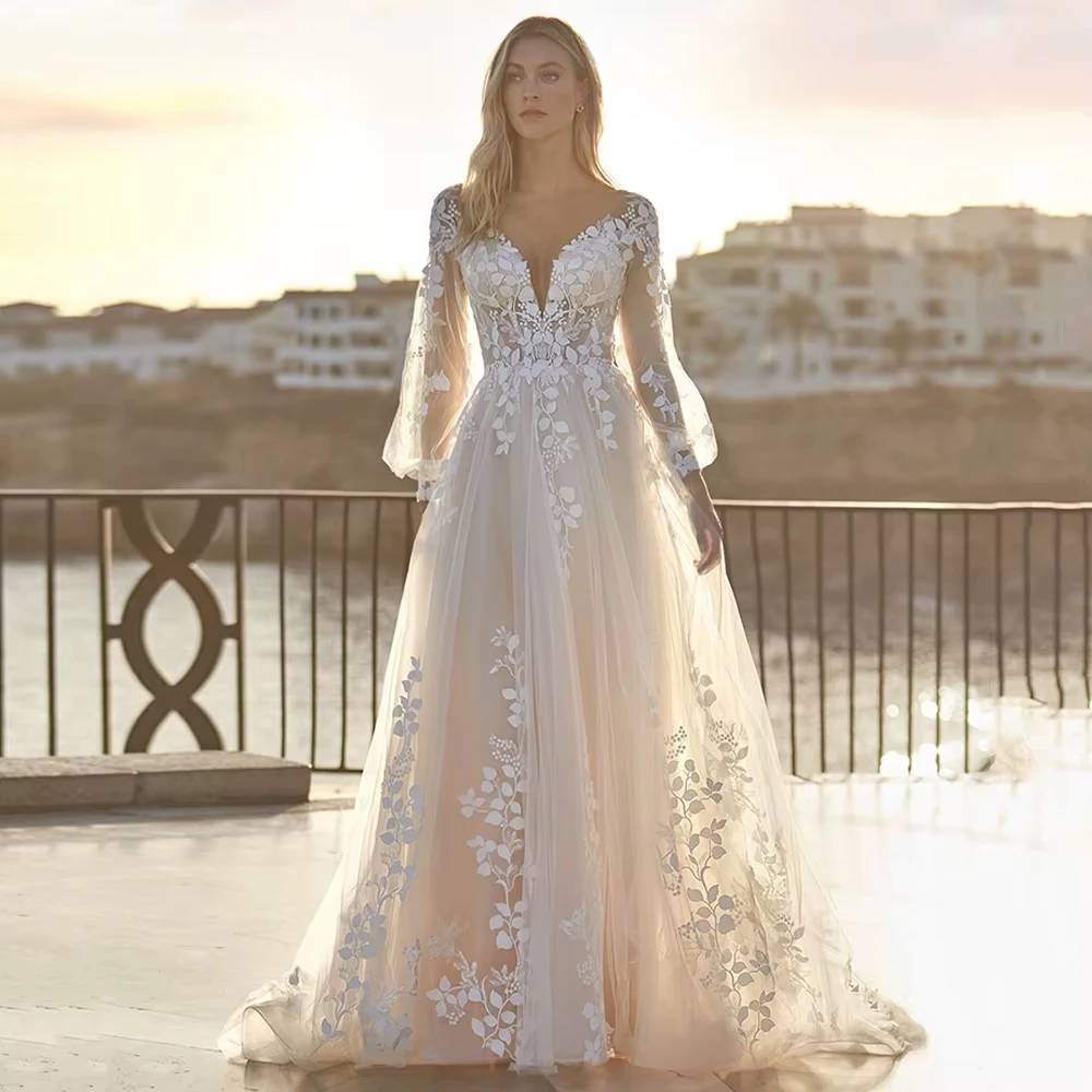 Ivory V Neck Wedding Dresses for Ladies Elegant Empire Bridal Gowns with Lace Exquisite Full Sleeve Vestidos De Novia New 2026