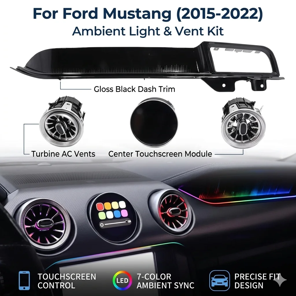 

Светодиодная подсветка салона для Ford Mustang 2015-2022: панель кондиционера, сенсорный экран, турбинные воздуховоды, приборная панель, комплект внутреннего освещения